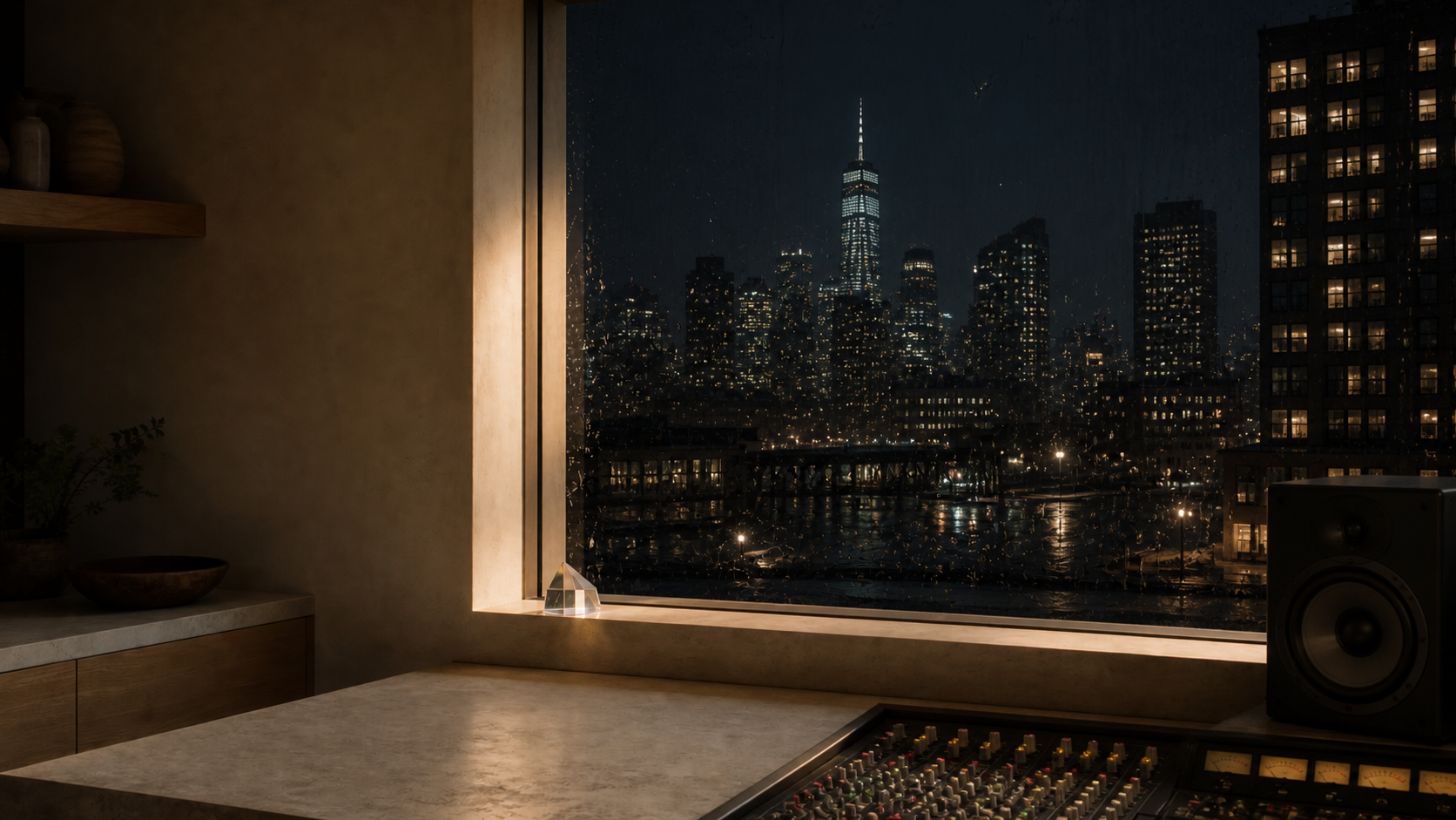 A warm Lowe Down Media studio looking through a rain-covered picture window onto a city skyline at night.