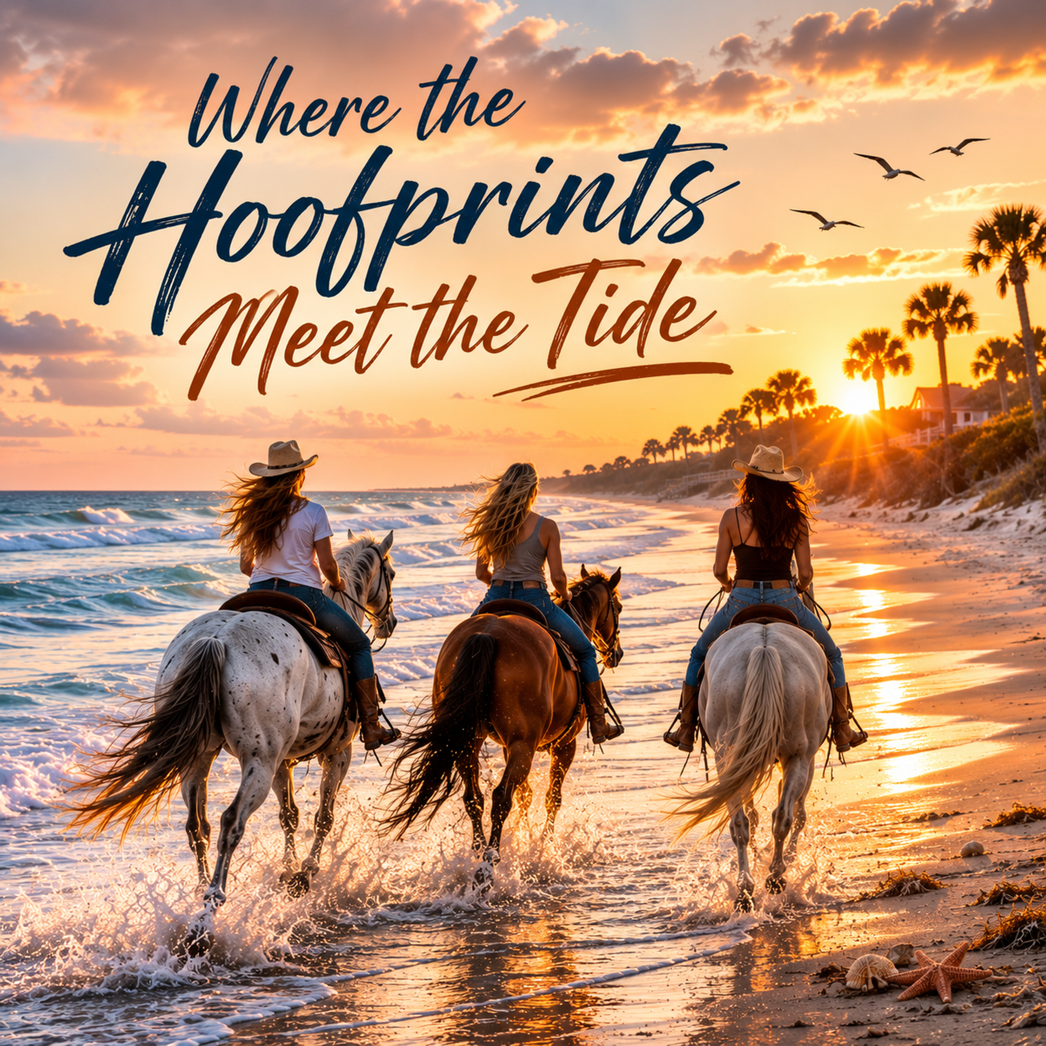 At golden sunset, three women ride away from the viewer on a white-spotted horse, a chestnut horse, and a white horse through shallow ocean surf. Palm trees line the glowing Florida beach, seabirds cross the sky, and the artwork reads Where the Hoofprints Meet the Tide.