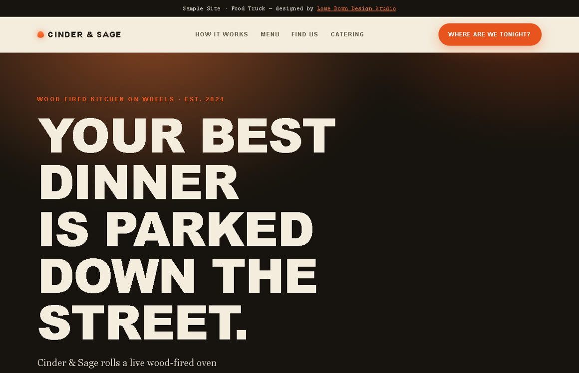 A bold wood-fired food-truck website concept in charcoal and ember.