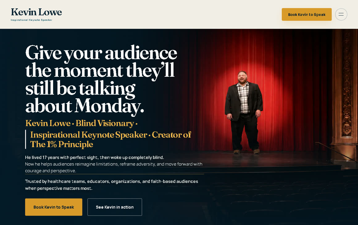 Screenshot of the Kevin Speaks public-speaking website.