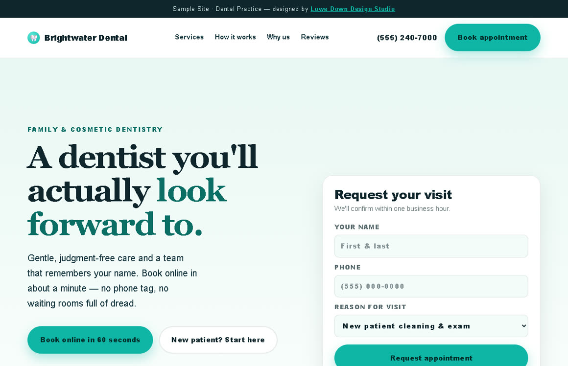 A bright, trustworthy dental-practice website concept in teal and white.