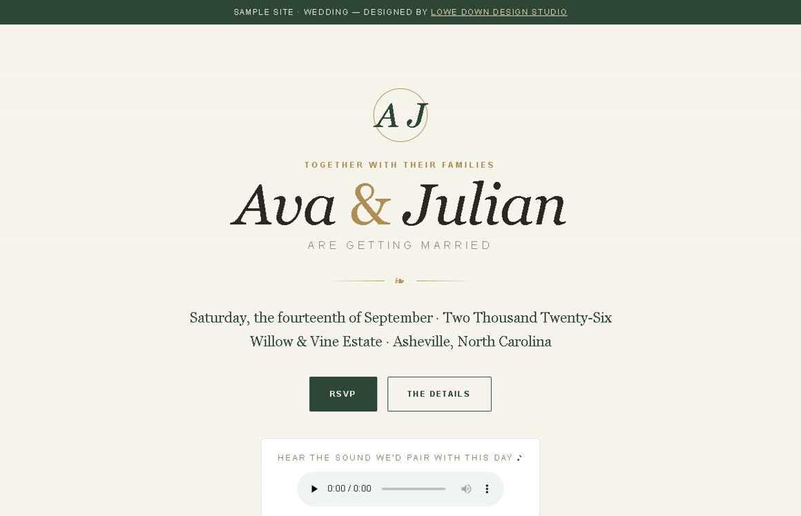 An elegant wedding invitation website concept in ivory, forest green, and gold.