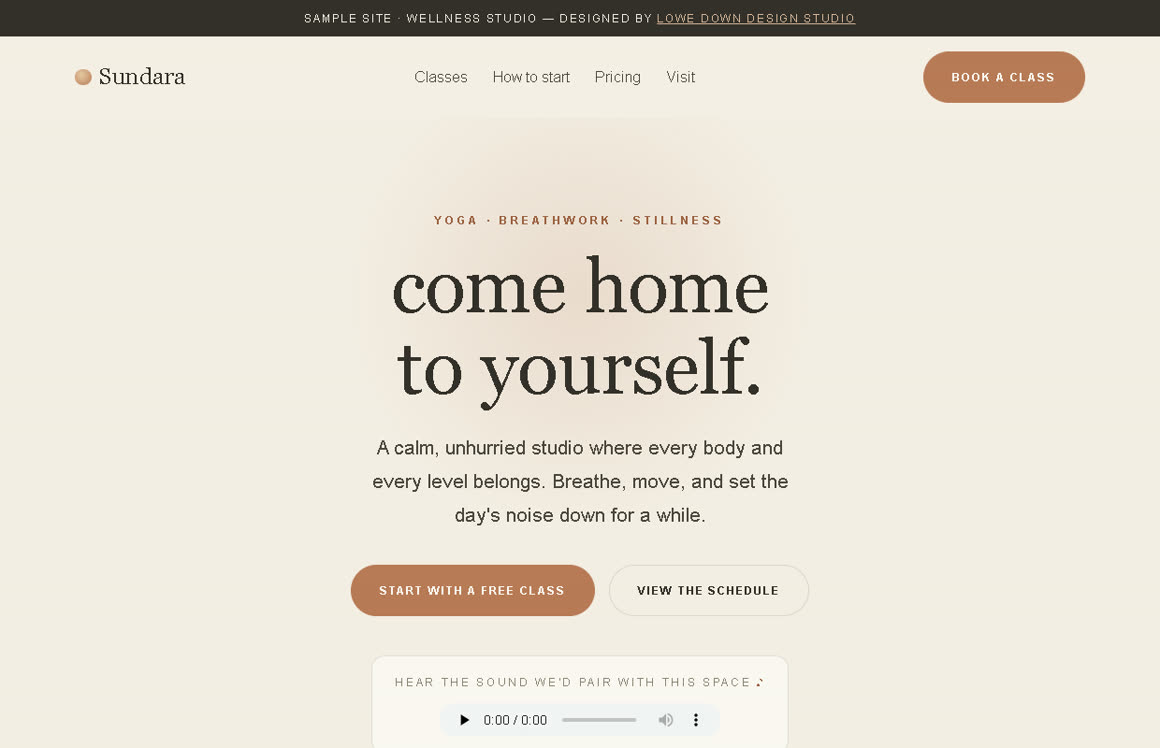 A serene yoga-studio website concept in warm oat and clay tones.